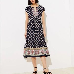 Petite border floral drawstring midi dress